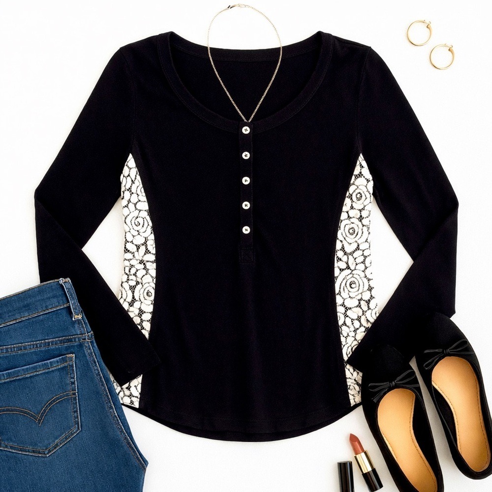 Andrea Jovine Black Henley Top Small White Floral Lace Panel Stretch Knit Shirt